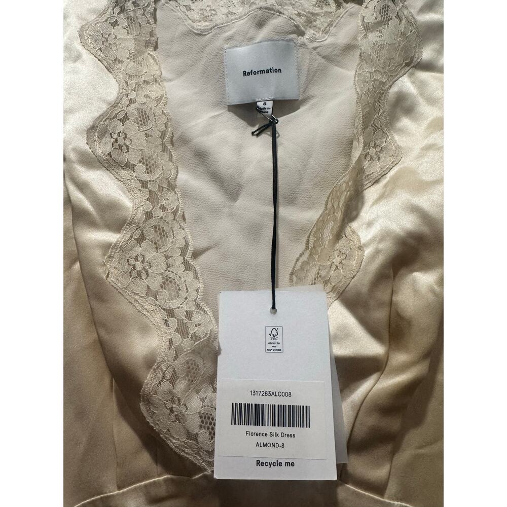 Reformation Florence Silk Dress Almond Size 8 NWT Lace Trim Midi Dress - Picture 8 of 9